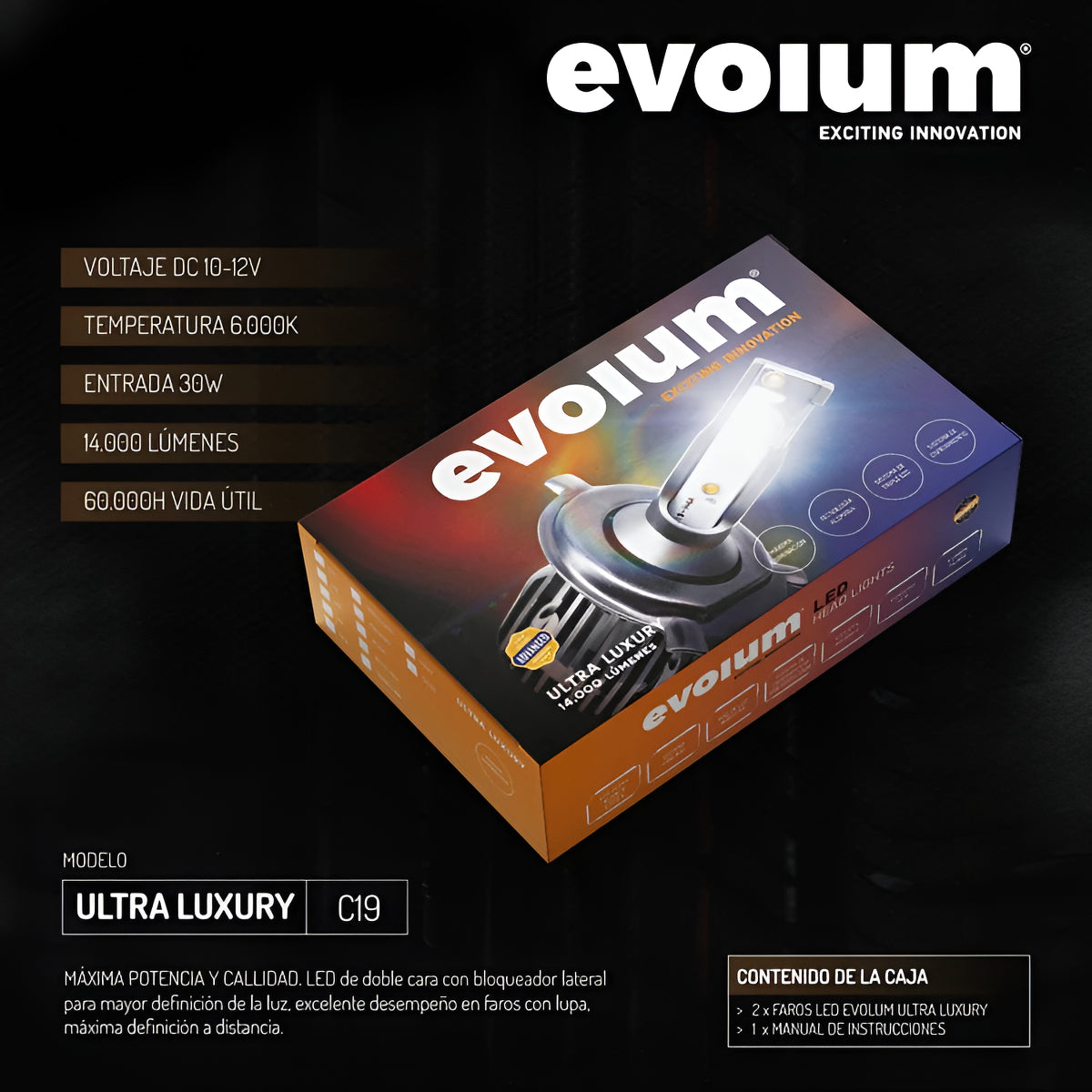 Kit Focos Medida H4 Evolum Ultra Luxury 14,000 Lúmenes